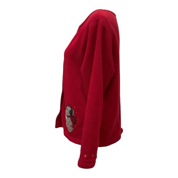 Red Fleece Christmas Cardigan Teddy Bear Tree Holiday Embroidered Sweater - Picture 5 of 11